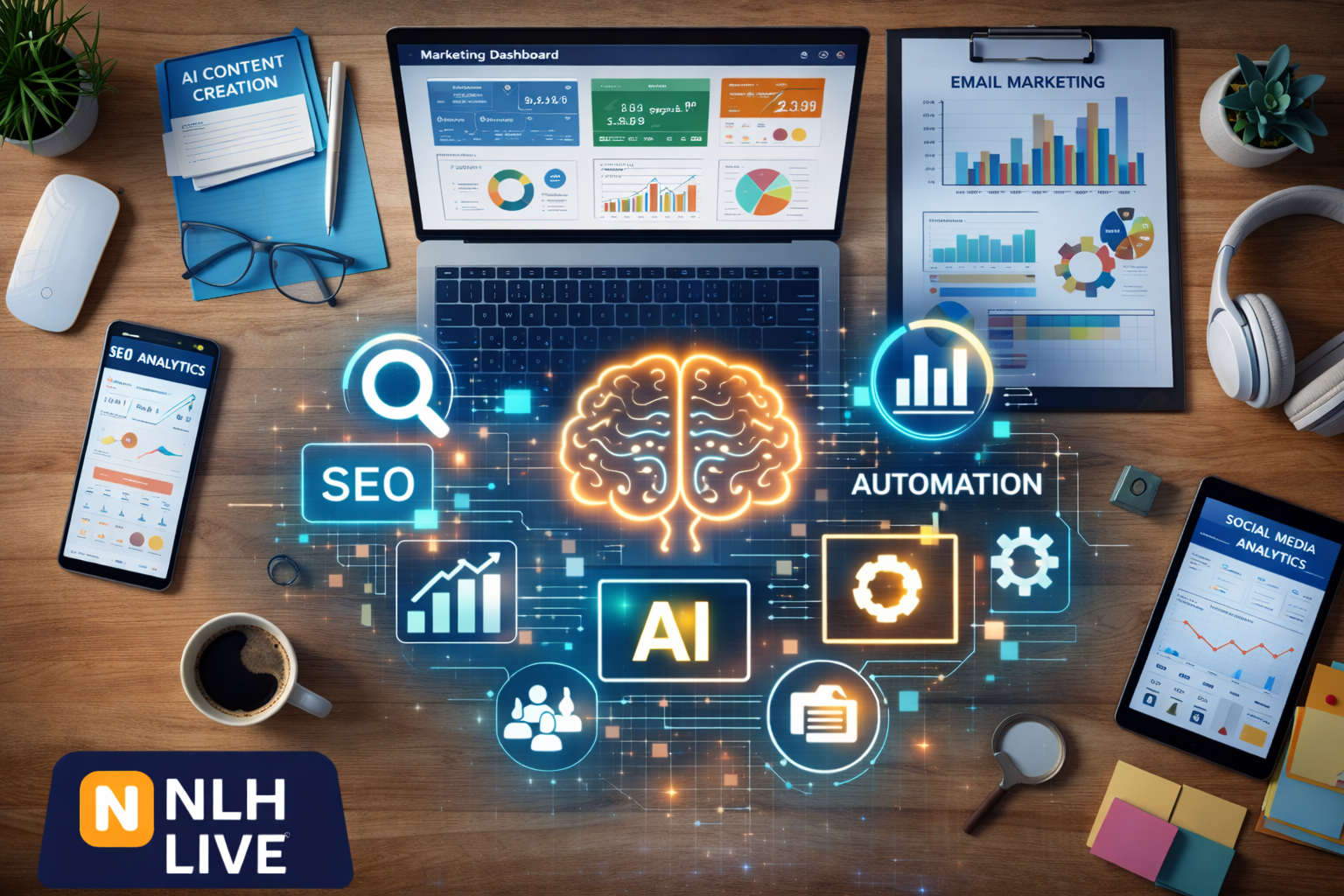 AI digital marketing tools dashboard showing SEO, automation, email marketing, and analytics with NLHLIVE logo